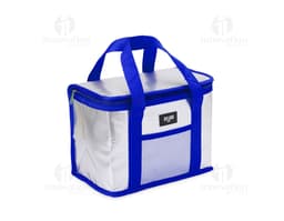 Bolsa térmica de 9,5 litros en color azul, hecha de material resistente y con asa ajustable.