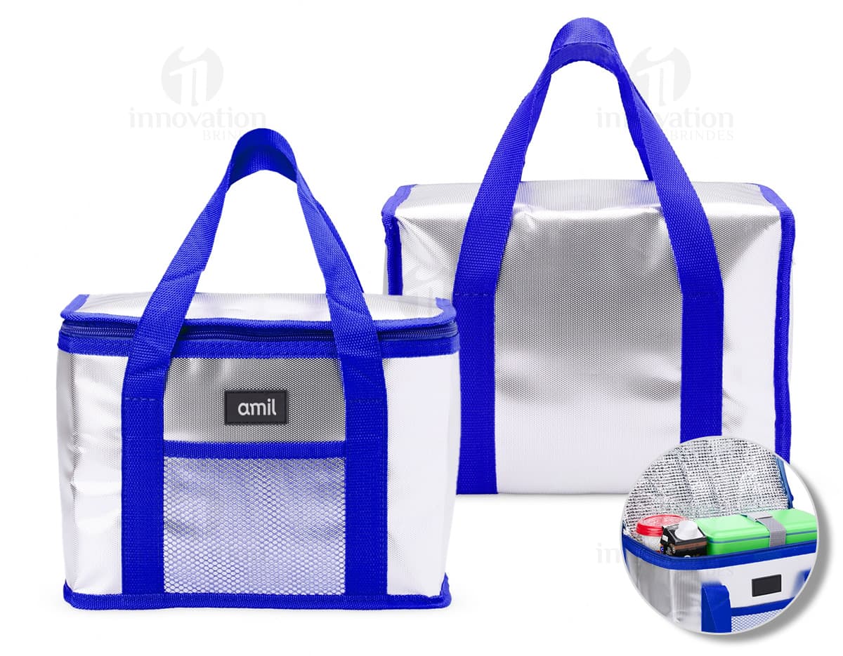 Bolsa térmica de 9,5 litros em cor azul, feita de material resistente e com alça ajustável.