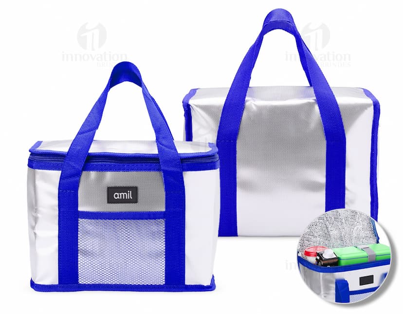 Bolsa térmica de 9,5 litros em cor azul, feita de material resistente e com alça ajustável.