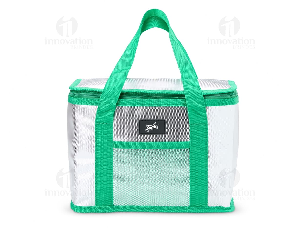 Bolsa térmica de 9,5 litros em cor azul, feita de material resistente e com alça ajustável.