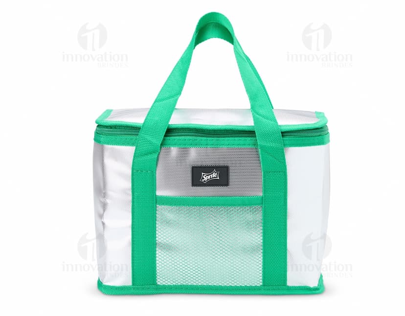 Bolsa térmica de 9,5 litros em cor azul, feita de material resistente e com alça ajustável.