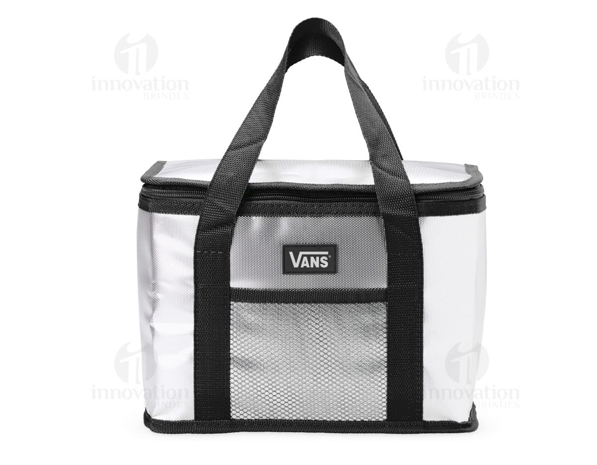 Bolsa térmica de 9,5 litros em cor azul, feita de material resistente e com alça ajustável.