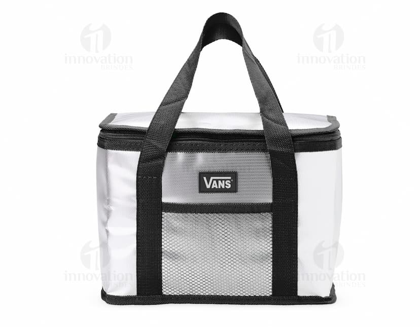 Bolsa térmica de 9,5 litros em cor azul, feita de material resistente e com alça ajustável.