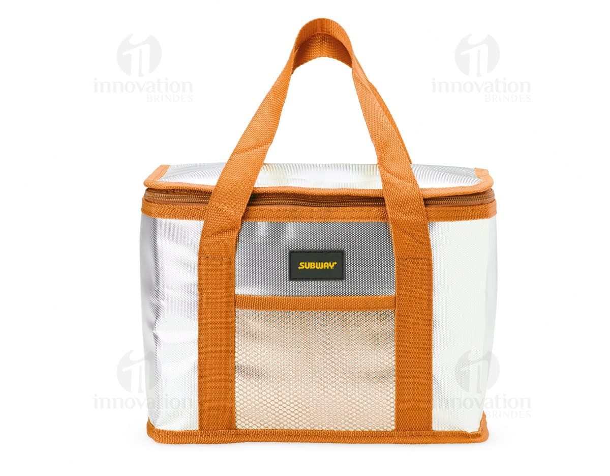 Bolsa térmica de 9,5 litros em cor azul, feita de material resistente e com alça ajustável.