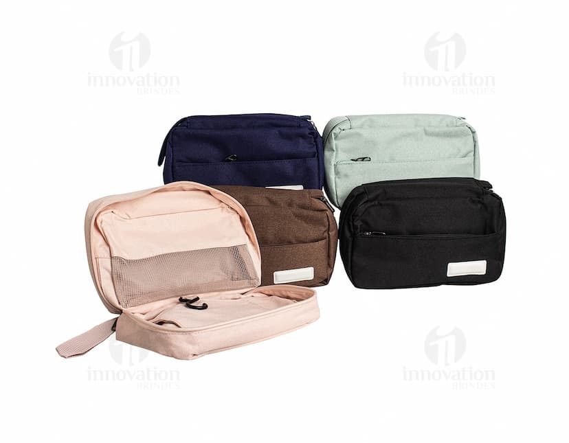 Necessaire com 3 compartimentos em tons de azul e branco.