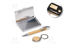 Kit Executivo Ecológico 3 Peças em tons de marrom e bege, contendo uma agenda, uma caneta e um bloco de anotações