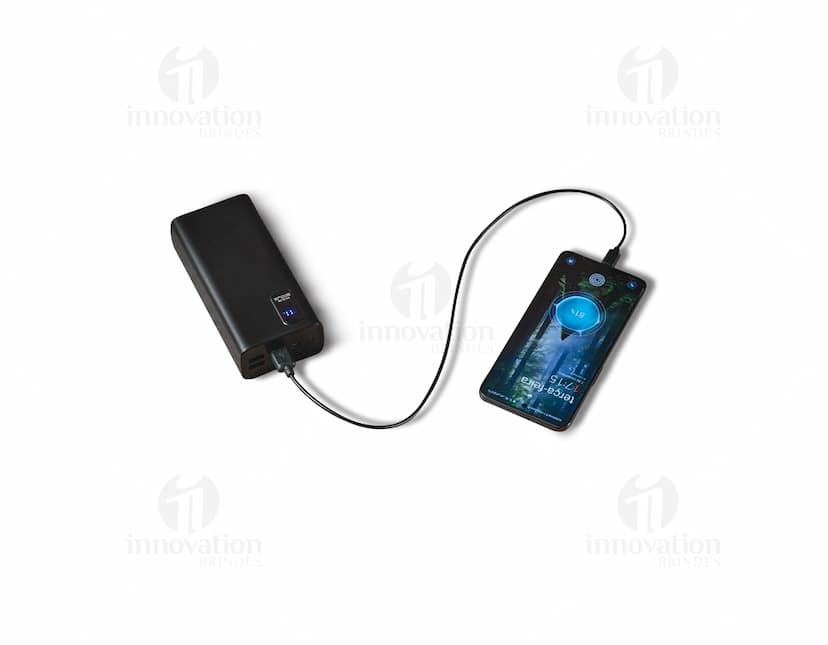 Equipamento moderno de tecnologia, uma bateria portátil em lítio com capacidade de 30.000 mAh, em um design preto e prata. Ideal para armazenamento e fornecimento de energia para dispositivos eletrônicos móveis, com conexão USB e botões de controle. Perfeito para uso em casa, escritório, estúdio ou em festas, garantindo entretenimento com alta qualidade de som através de seu alto-falante estéreo embutido.