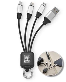 Cabo USB de carregamento rápido 3 em 1, com conexões para dispositivos Apple, Android e Tipo C.