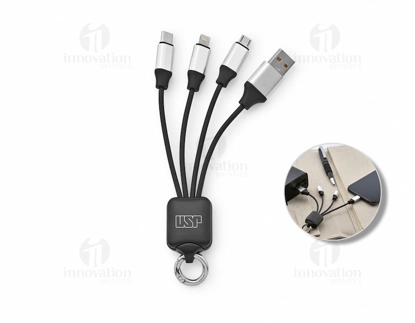Cabo USB de carregamento rápido 3 em 1, com conexões para dispositivos Apple, Android e Tipo C.