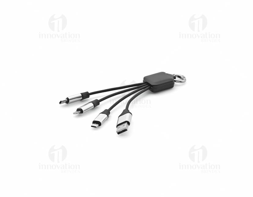 Cabo USB de carregamento rápido 3 em 1, com conexões para dispositivos Apple, Android e Tipo C.