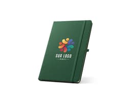 A5 hard cover blue notebook with elastic closure and bookmark.