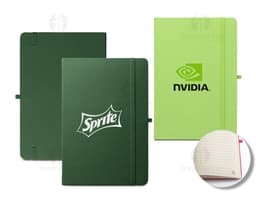 A5 hard cover blue notebook with elastic closure and bookmark.