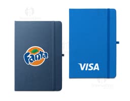 A5 hard cover blue notebook with elastic closure and bookmark.