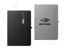 A5 hard cover blue notebook with elastic closure and bookmark.