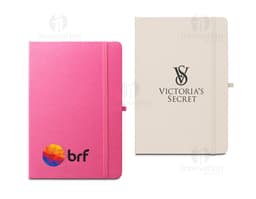 A5 hard cover blue notebook with elastic closure and bookmark.