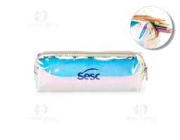 Estojo plástico holográfico com cores vibrantes e efeito holográfico.