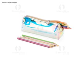 Estojo plástico holográfico com cores vibrantes e efeito holográfico.