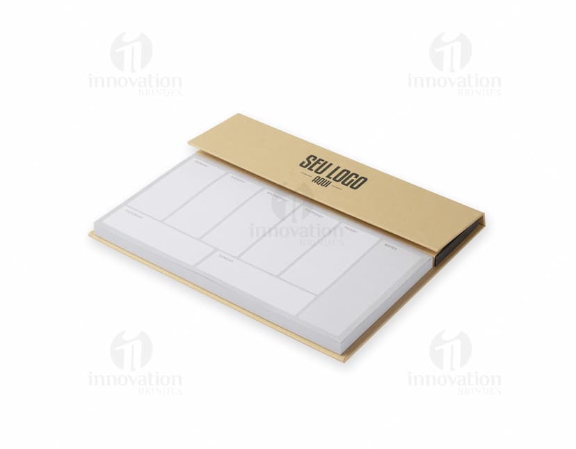 Bloco de anotações com planejamento aberto em uma mesa de escritório. No bloco, é possível ver páginas decoradas e datas planejadas. Além disso, há canetas e clips ao redor do bloco.