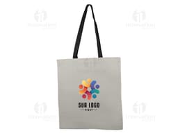 Borsa in cotone di colore blu con manici corti e dettagli in cucitura bianca.