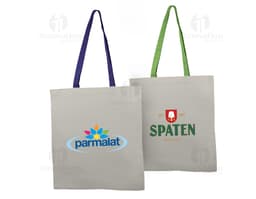 Borsa in cotone di colore blu con manici corti e dettagli in cucitura bianca.