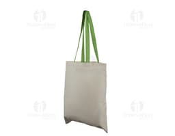 Borsa in cotone di colore blu con manici corti e dettagli in cucitura bianca.