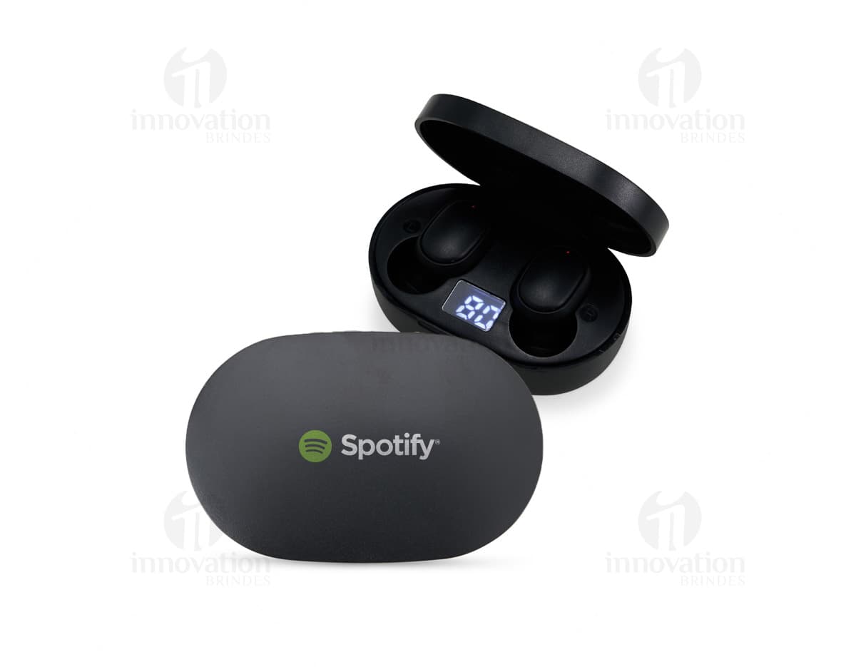 Fone de Ouvido Bluetooth preto com design moderno e tecnológico.