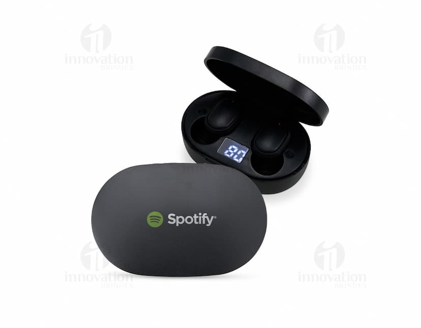 Fone de Ouvido Bluetooth preto com design moderno e tecnológico.