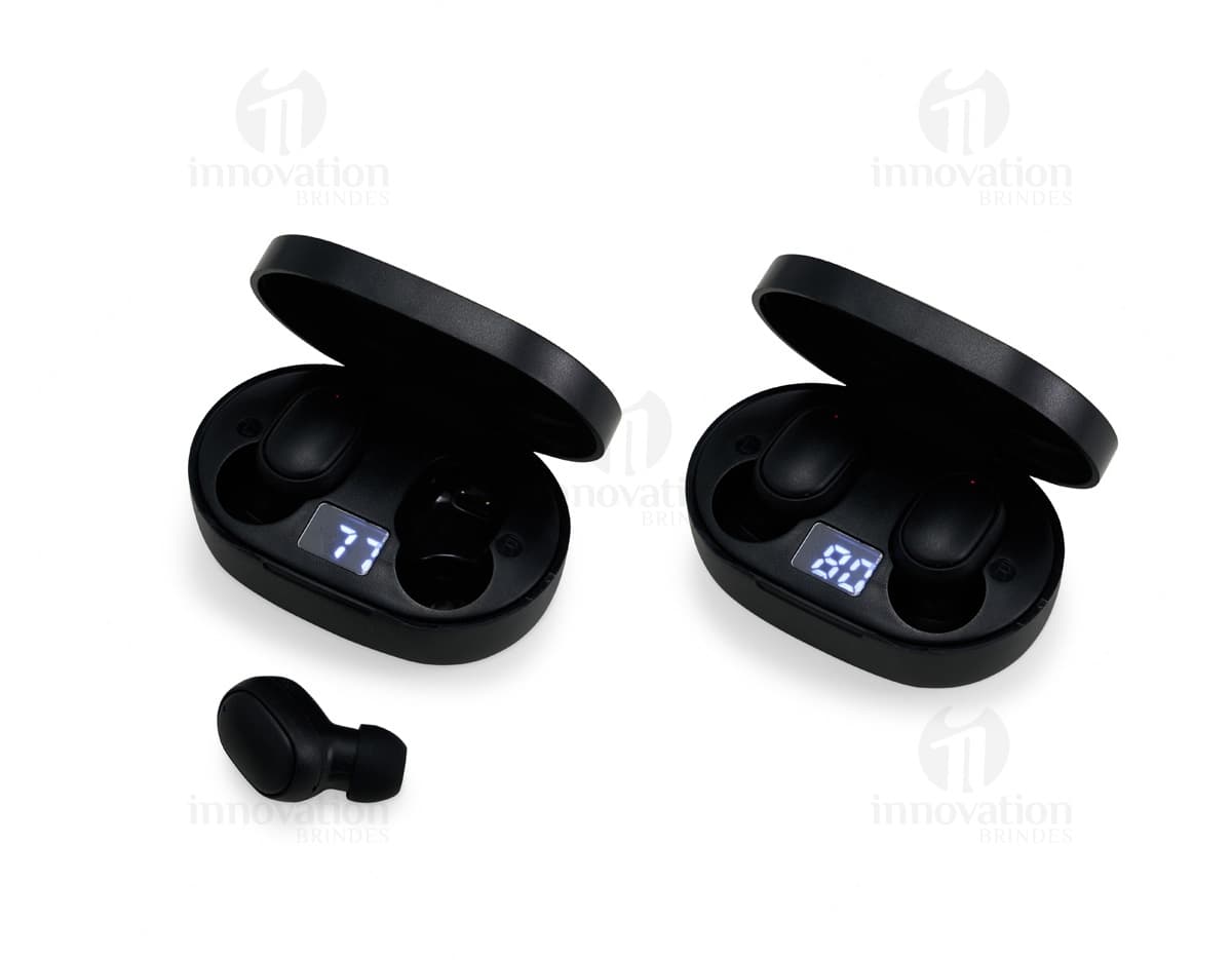 Fone de Ouvido Bluetooth preto com design moderno e tecnológico.