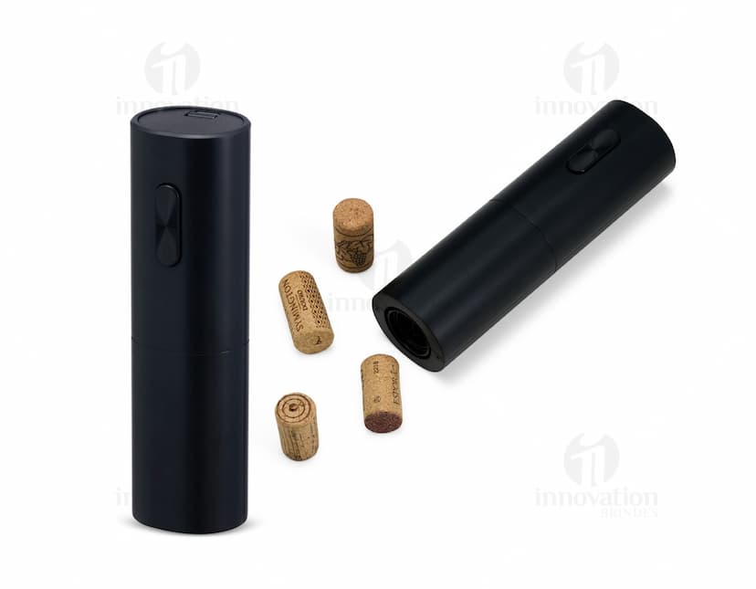 Saca-rolhas elétrico em aço inox e preto sobre fundo branco. O produto possui design elegante e moderno, ideal para abrir garrafas de vinho com facilidade e praticidade.