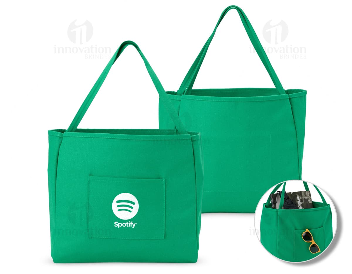 Bolsa de Lona quadriculada nas cores verde e branca, com alça de ombro e fecho de zíper na parte superior.