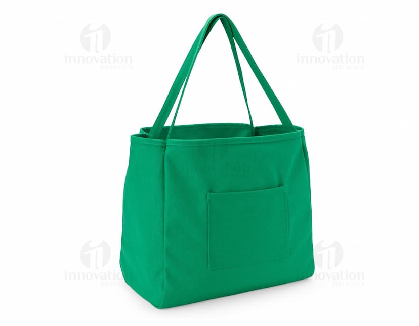Bolsa de Lona quadriculada nas cores verde e branca, com alça de ombro e fecho de zíper na parte superior.