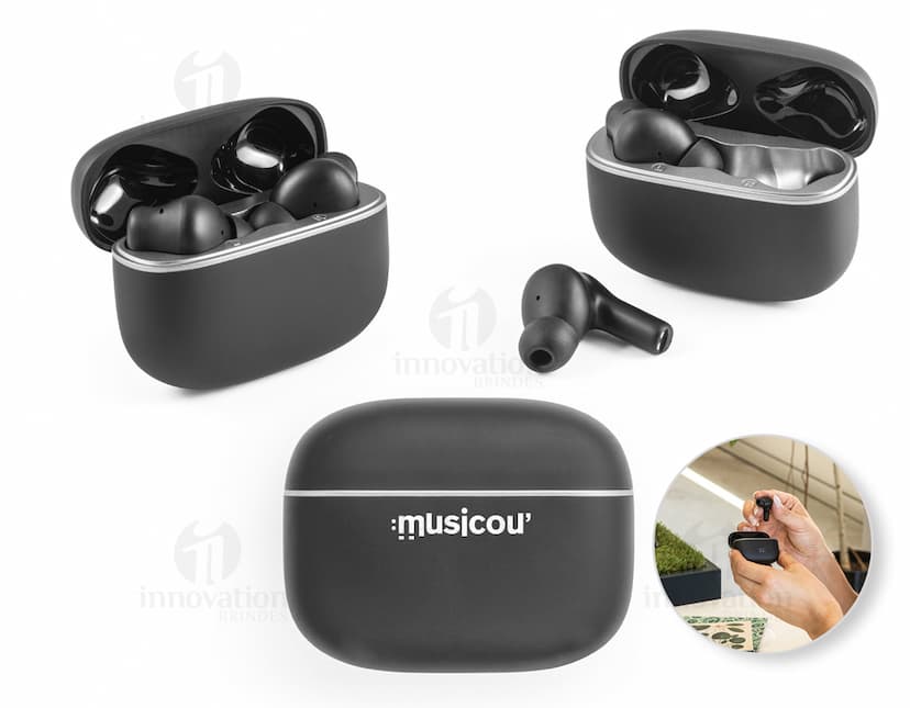 Fone de ouvido preto com design moderno e cancelamento de ruído.