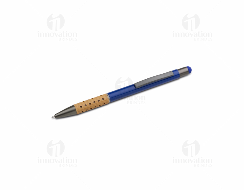 Caneta Metal Touch em tom prata com detalhes em preto, possui ponta touch screen na extremidade oposta à esferográfica.