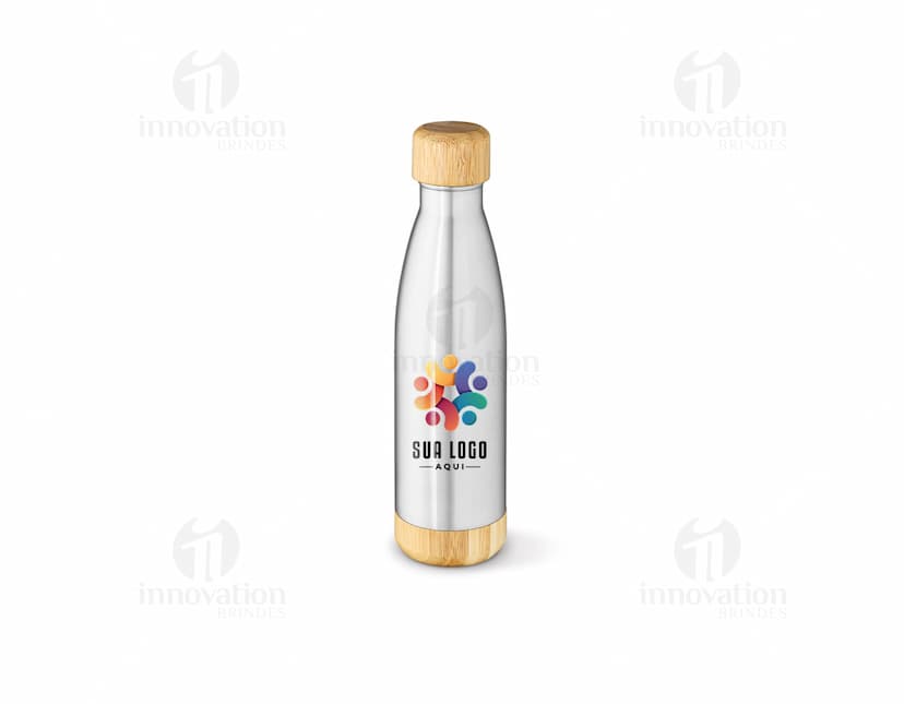 Garrafa em aço inox com tampa em bambu.