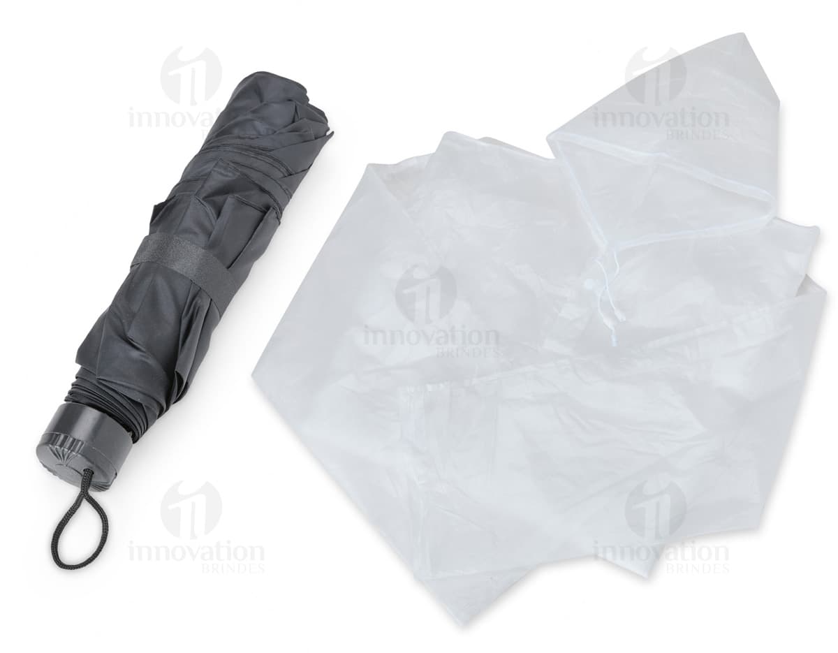 Kit chuva 2 peças contendo uma capa de chuva e uma calça, ambos na cor amarela.