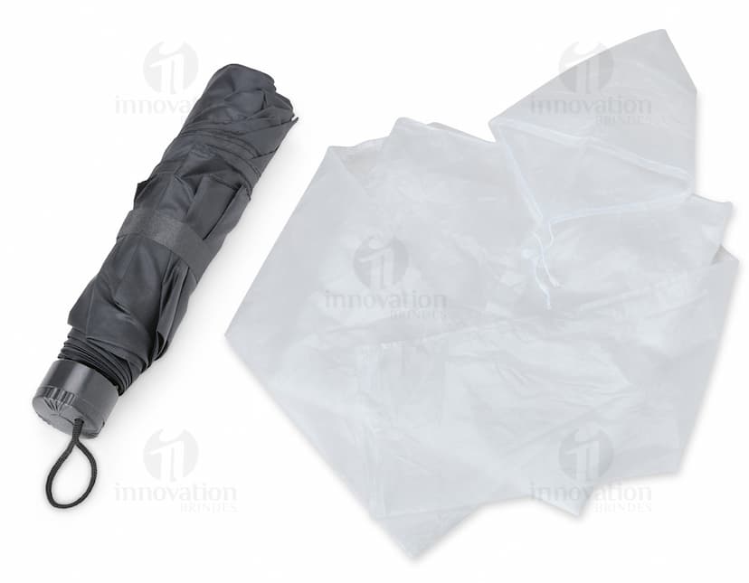 Kit chuva 2 peças contendo uma capa de chuva e uma calça, ambos na cor amarela.