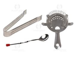 Kit Bar Inox composto por utensílios de bar em aço inoxidável, incluindo coqueteleira, medidor, pegador de gelo, colher