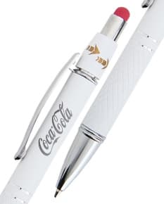Caneta metal touch antiestresse, na cor prata, com ponta touch screen e design elegante.