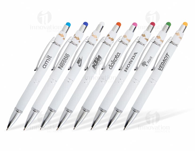 Caneta metal touch antiestresse, na cor prata, com ponta touch screen e design elegante.