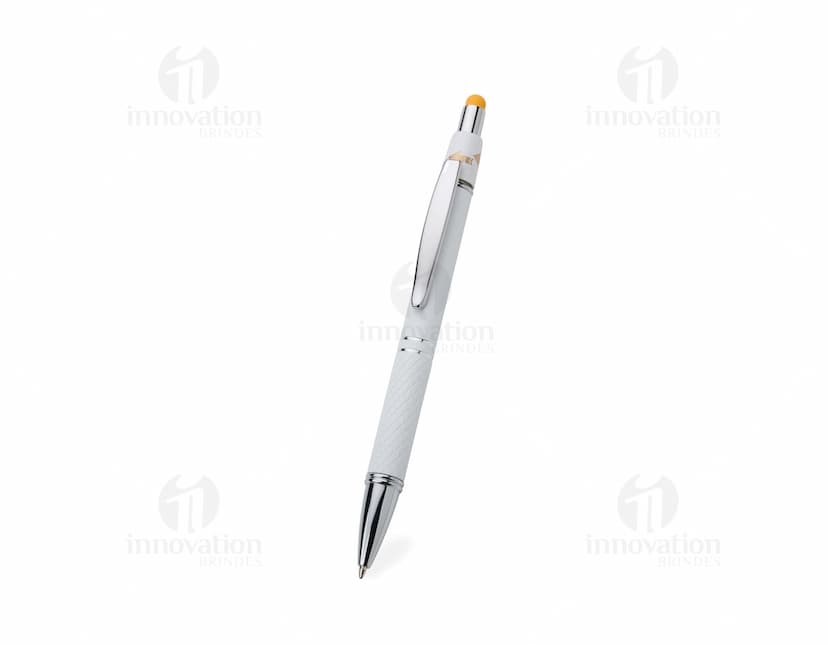 Caneta metal touch antiestresse, na cor prata, com ponta touch screen e design elegante.