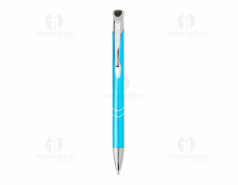 Caneta Metal Esferográfica em tons de prata e preto sobre fundo branco.