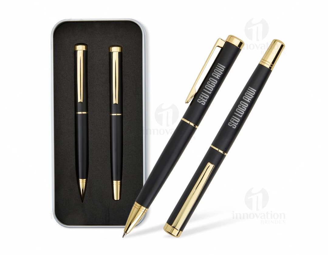 Kit com várias canetas executivas em tons de preto, prata e dourado. As canetas possuem design elegante e são ideais para uso em ambientes corporativos.