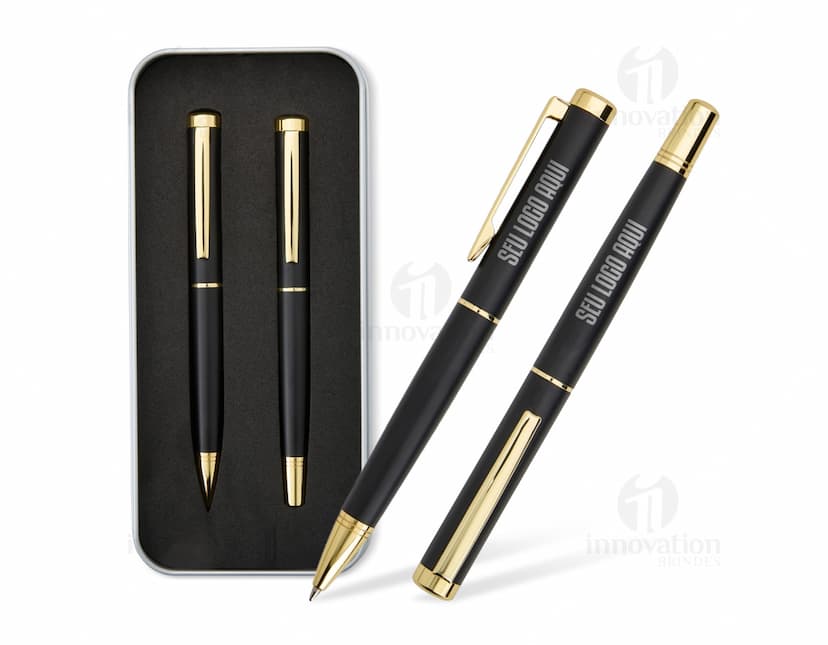 Kit com várias canetas executivas em tons de preto, prata e dourado. As canetas possuem design elegante e são ideais para uso em ambientes corporativos.