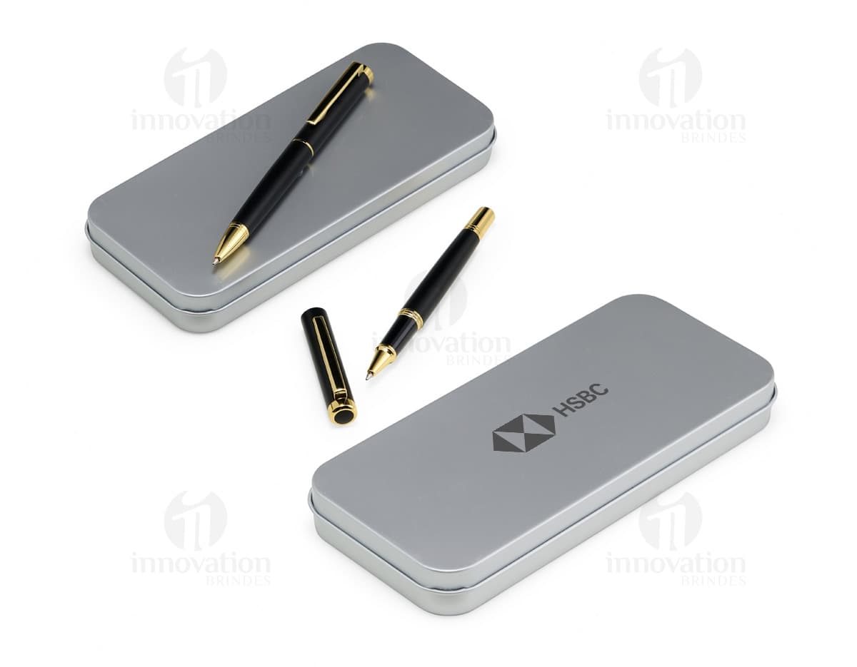 Kit com várias canetas executivas em tons de preto, prata e dourado. As canetas possuem design elegante e são ideais para uso em ambientes corporativos.