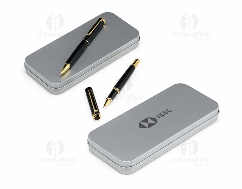 Kit com várias canetas executivas em tons de preto, prata e dourado. As canetas possuem design elegante e são ideais para uso em ambientes corporativos.