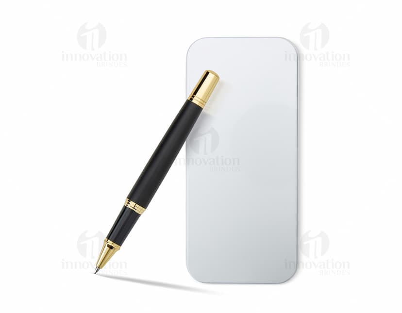 Kit com várias canetas executivas em tons de preto, prata e dourado. As canetas possuem design elegante e são ideais para uso em ambientes corporativos.