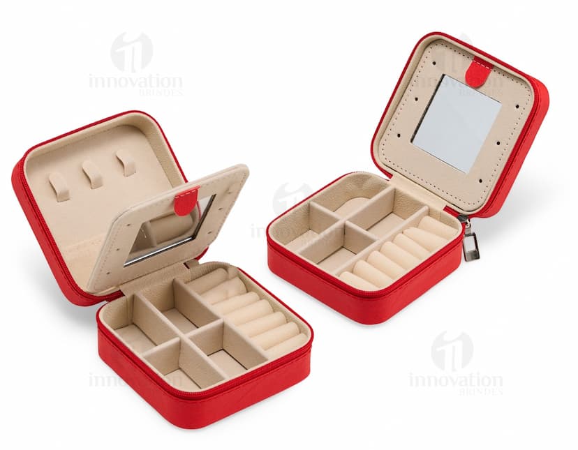 Porta-Joias com Espelho em formato retangular, com acabamento em metal dourado e detalhes em vidro. O interior é forrado com tecido aveludado nas cores preta e vermelha, possui divisórias para armazenar joias e um pequeno espelho na parte interna da tampa.