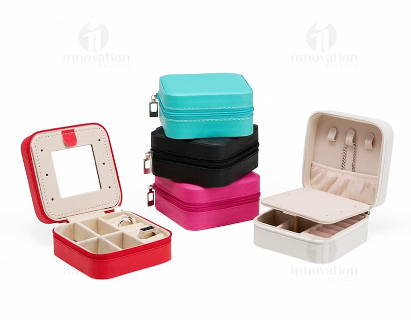 Porta-Joias com Espelho em formato retangular, com acabamento em metal dourado e detalhes em vidro. O interior é forrado com tecido aveludado nas cores preta e vermelha, possui divisórias para armazenar joias e um pequeno espelho na parte interna da tampa.
