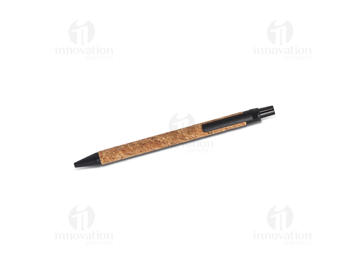 Caneta de cortiça com tampa de metal e corpo em material sustentável. 