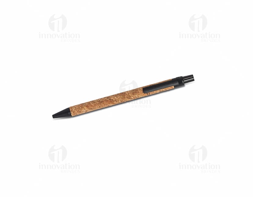 Caneta de cortiça com tampa de metal e corpo em material sustentável. 